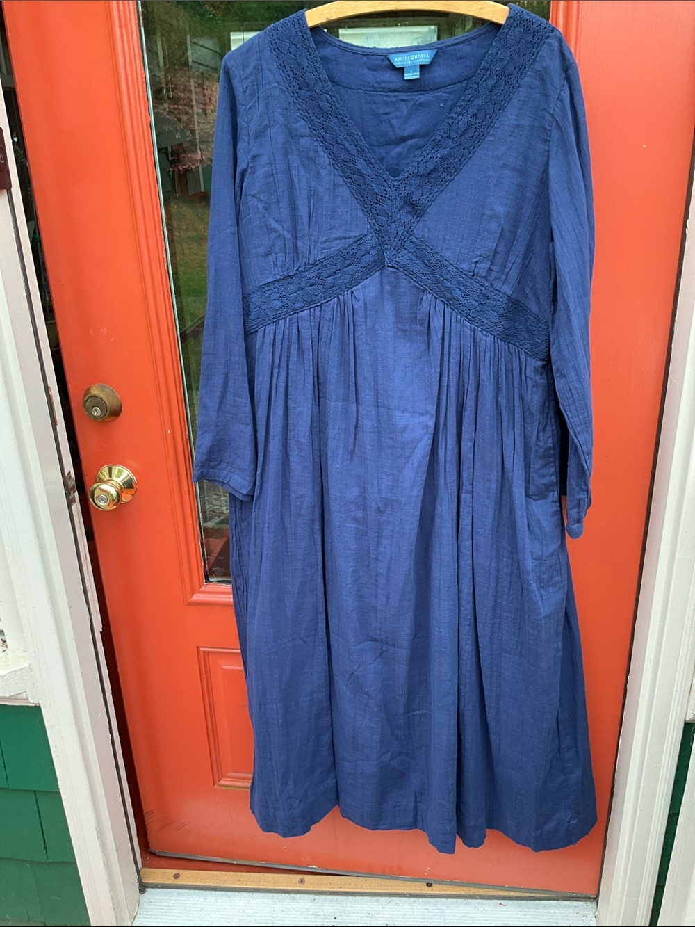 April Cornell Navy Blue Midi Dress with Lace Trim